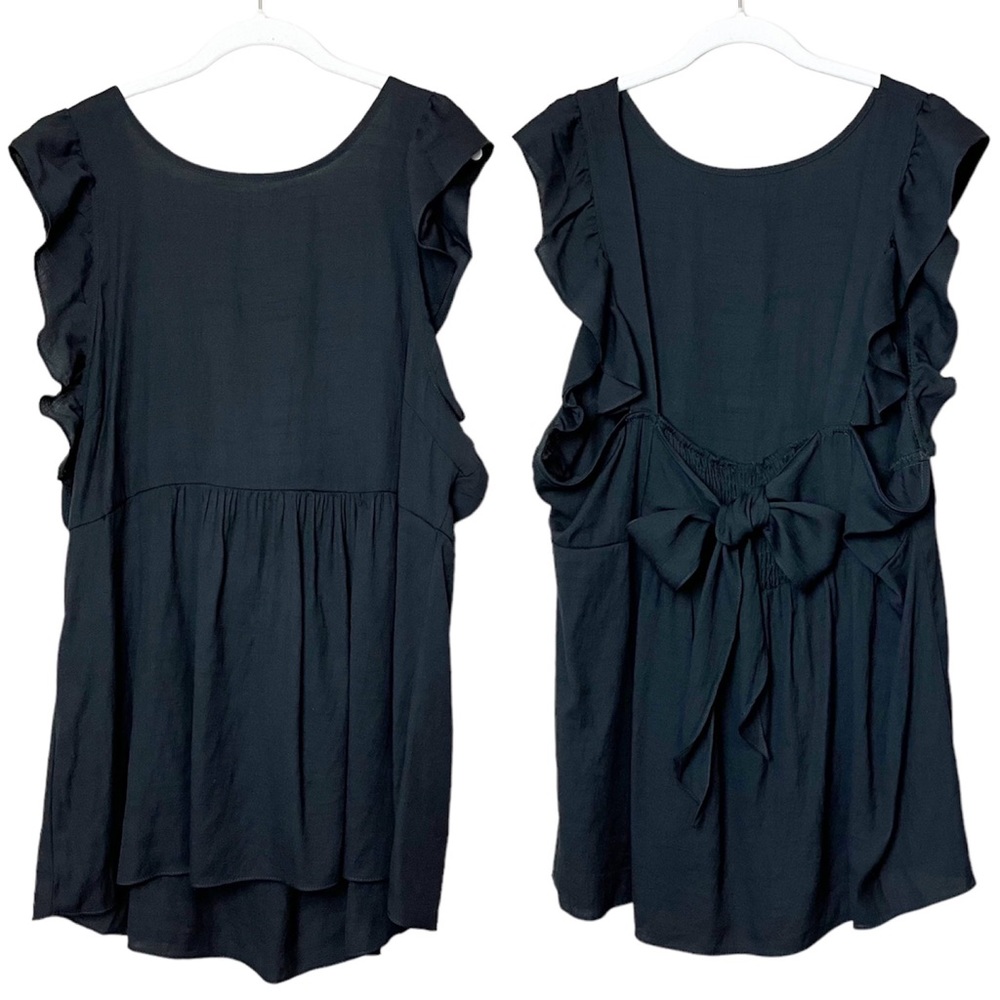 Spin USA NWT flutter sleeve top 3X blouse solid black with bow